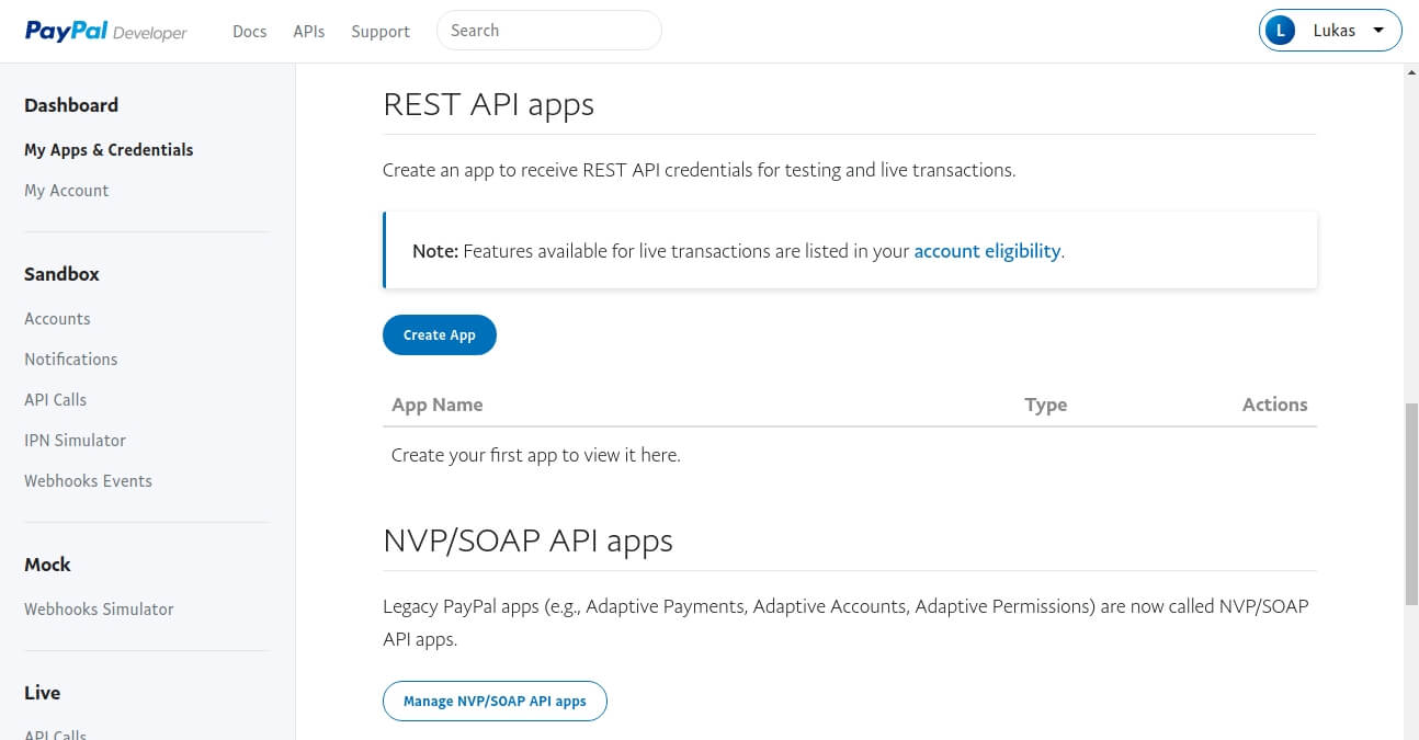 Paypal Developer Dashboard Sektion: REST API apps