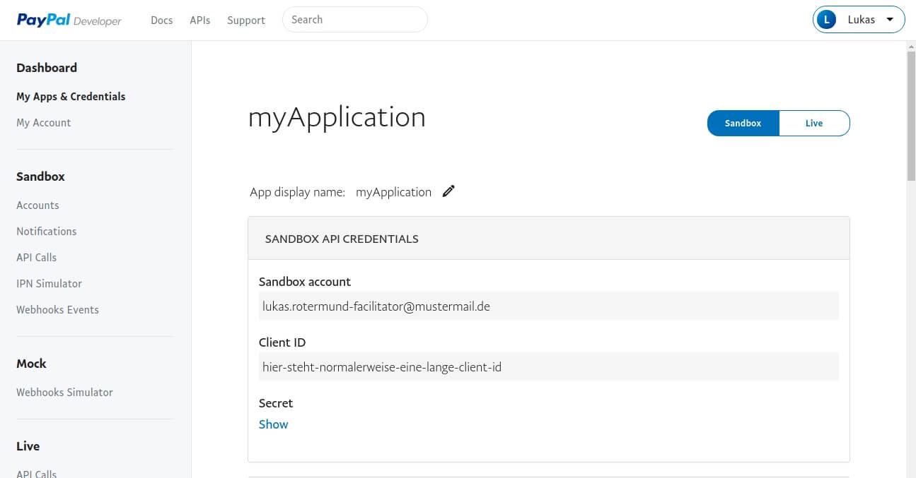 Paypal Developer: Erstellte App mit sichtbarer Client-ID